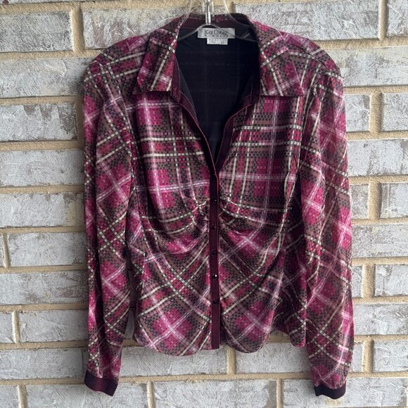 Kay Unger Long Sleeve Button Up Collared 100% Silk Plaid Blouse Women's Size 12 - Picture 1 of 8